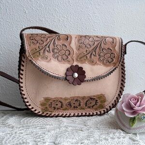 Vintage Hand Tooled Leather Floral Crossbody Bag